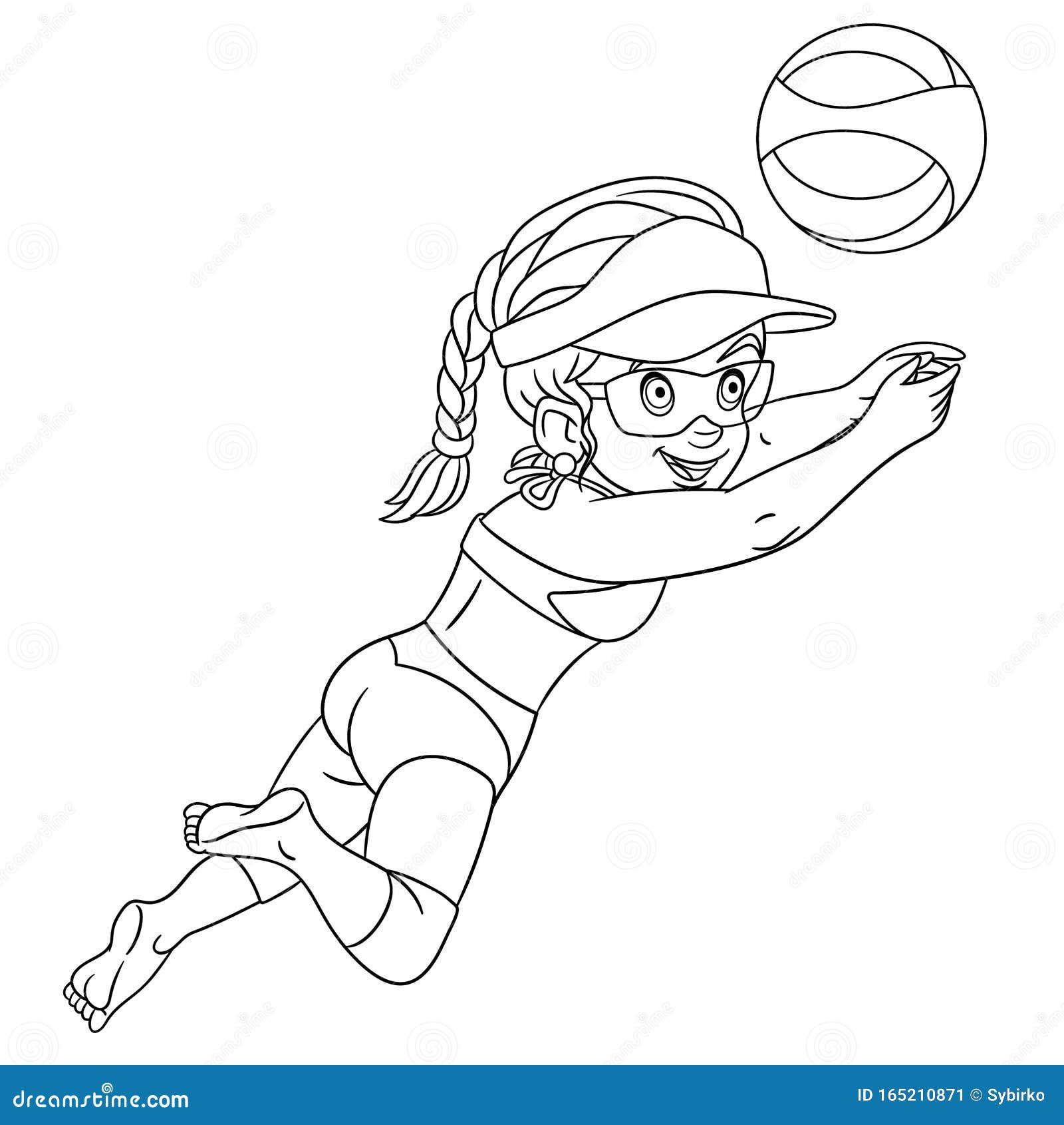 Coloring page with girl playing volleyball stock vector