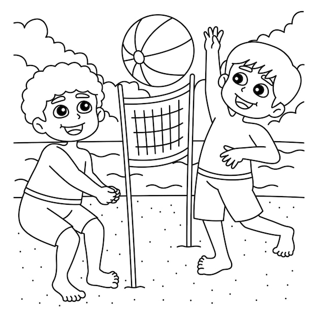 Premium vector a cute and funny coloring page of a boys playing beach volleyball provides hours of coloring fun for children color this page is very easy suitable for little kids