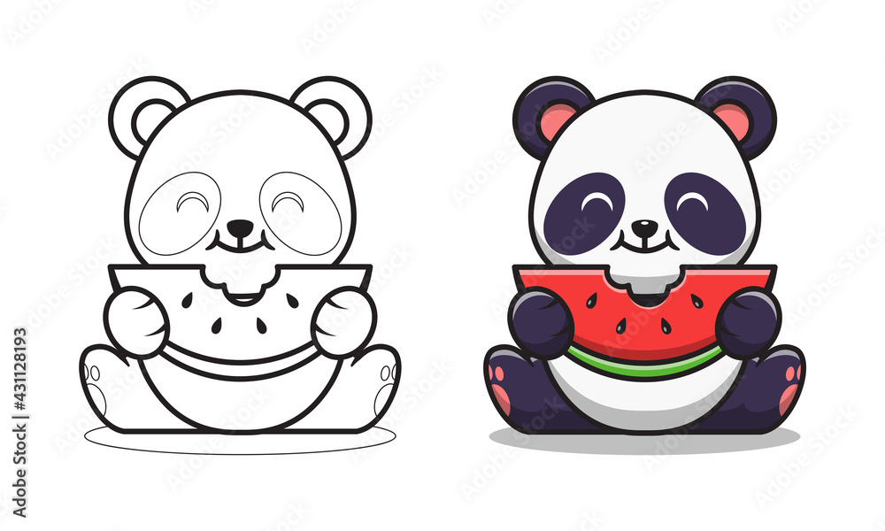 Cute panda eating watermelon cartoon coloring pages for kids vector