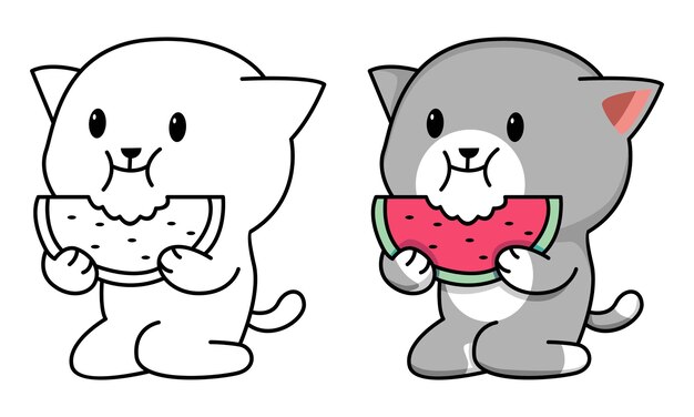 Premium vector cat eating watermelon coloring page for kids