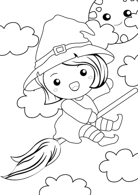 Premium vector cute halloween witch coloring pages a for kids and adult