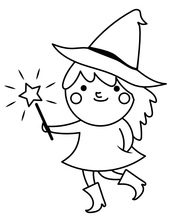 Printable cute witch with wand coloring page