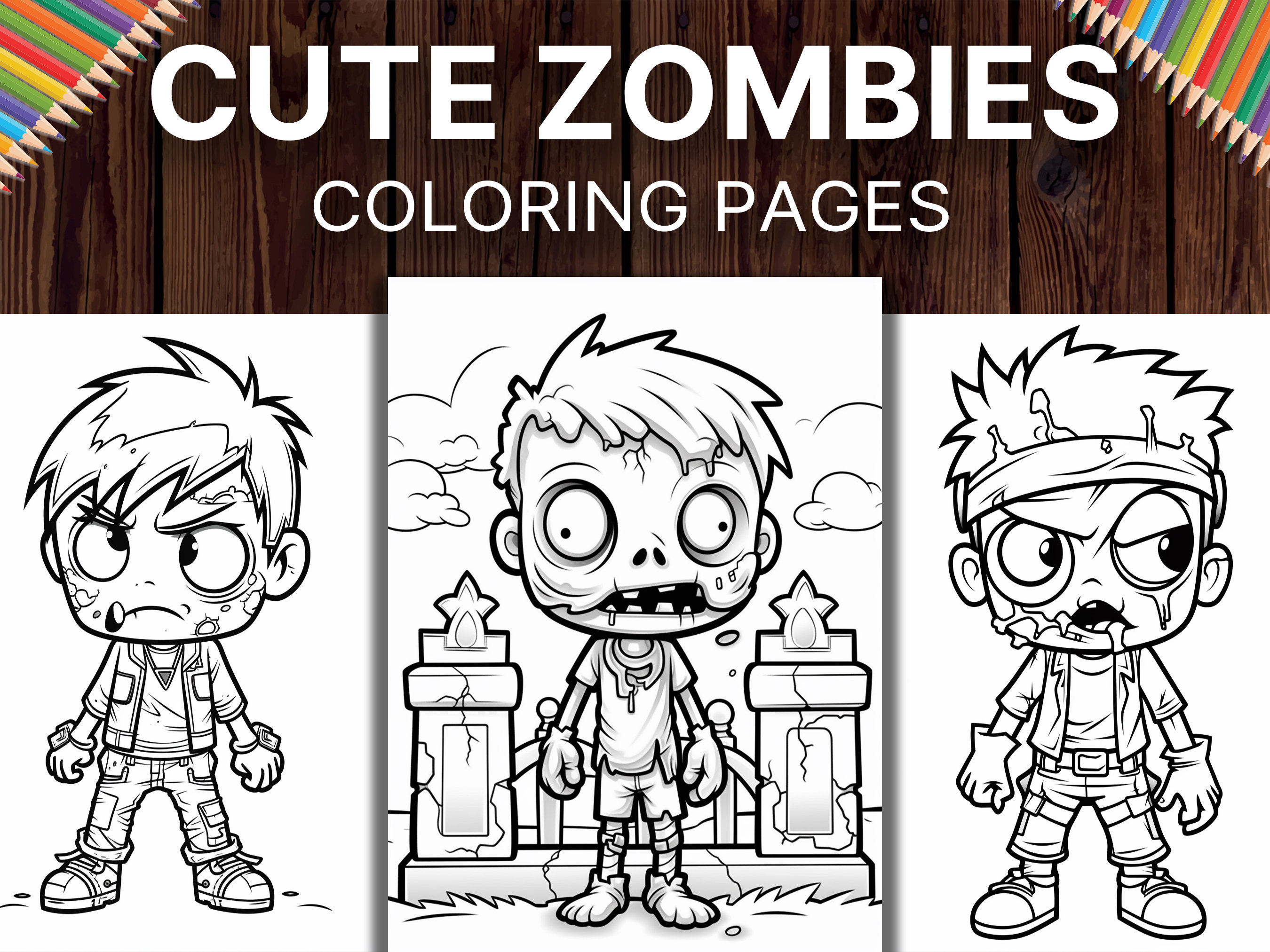 Cute zombies coloring pages for kids adults a halloween coloring book for relaxation and stress relief instant download pdf