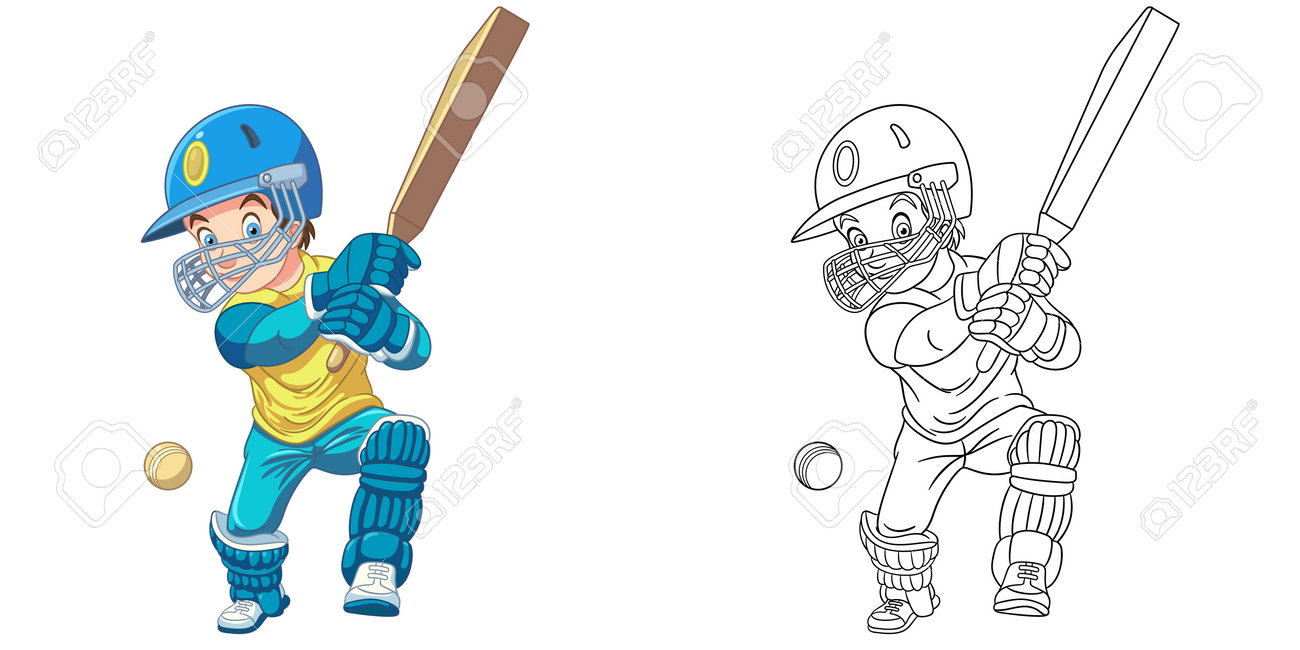 Coloring page with boy playing cricket line art drawing for kids activity coloring book colorful clip art vector illustration royalty free svg cliparts vectors and stock illustration image