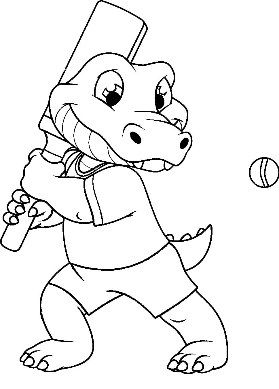 Cute crocodile plays cricket coloring page