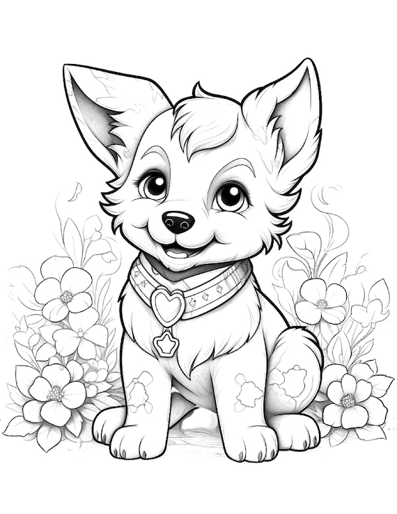 Five cute puppies coloring sheets for instant download