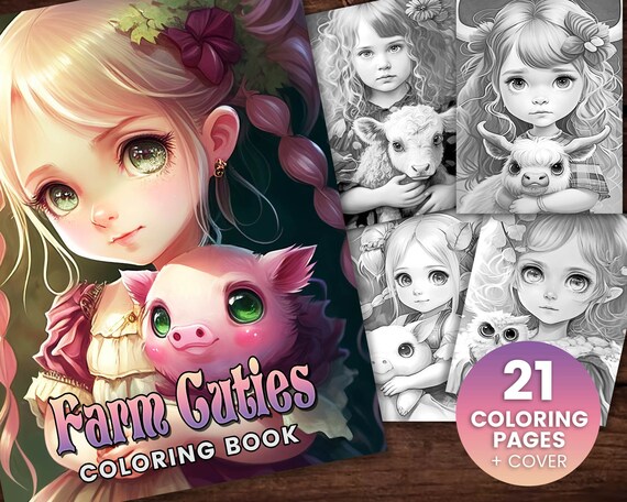 Farm cuties coloring book adults kids instant download grayscale coloring page gift printable pdf farm animals cute girls pig