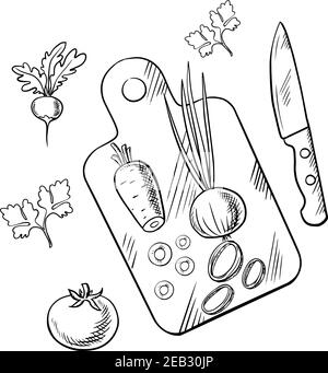 Fresh farm tomato carrot green onion and radish vegetables on cutting board with knife and parsley stems cooking process sketch image for vegetaria stock vector image art