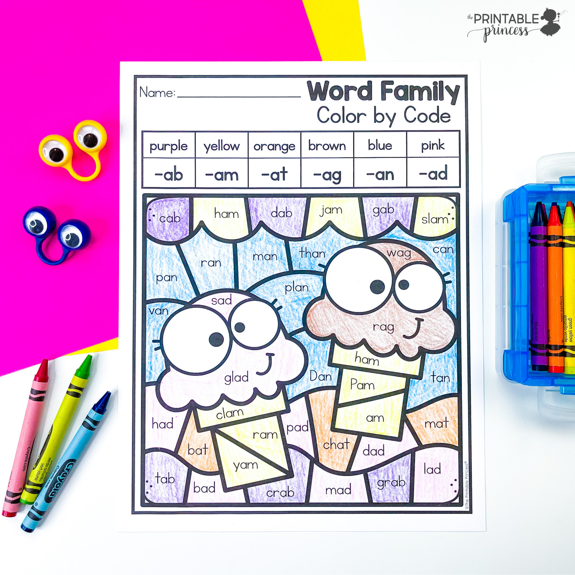 Color by code cvc word families worksheets