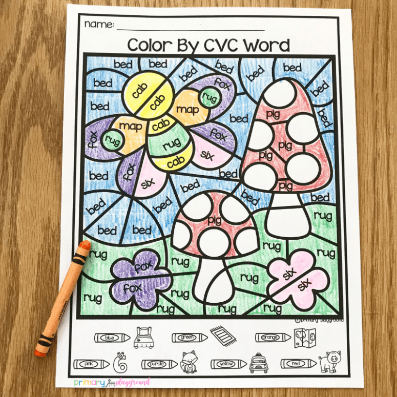 Free printable color by code cvc words