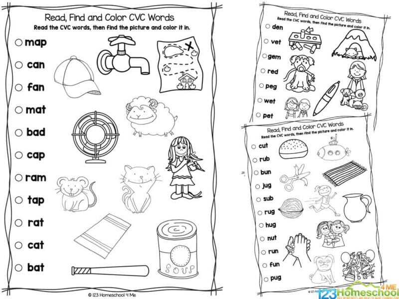 Free printable cvc words coloring pages worksheets