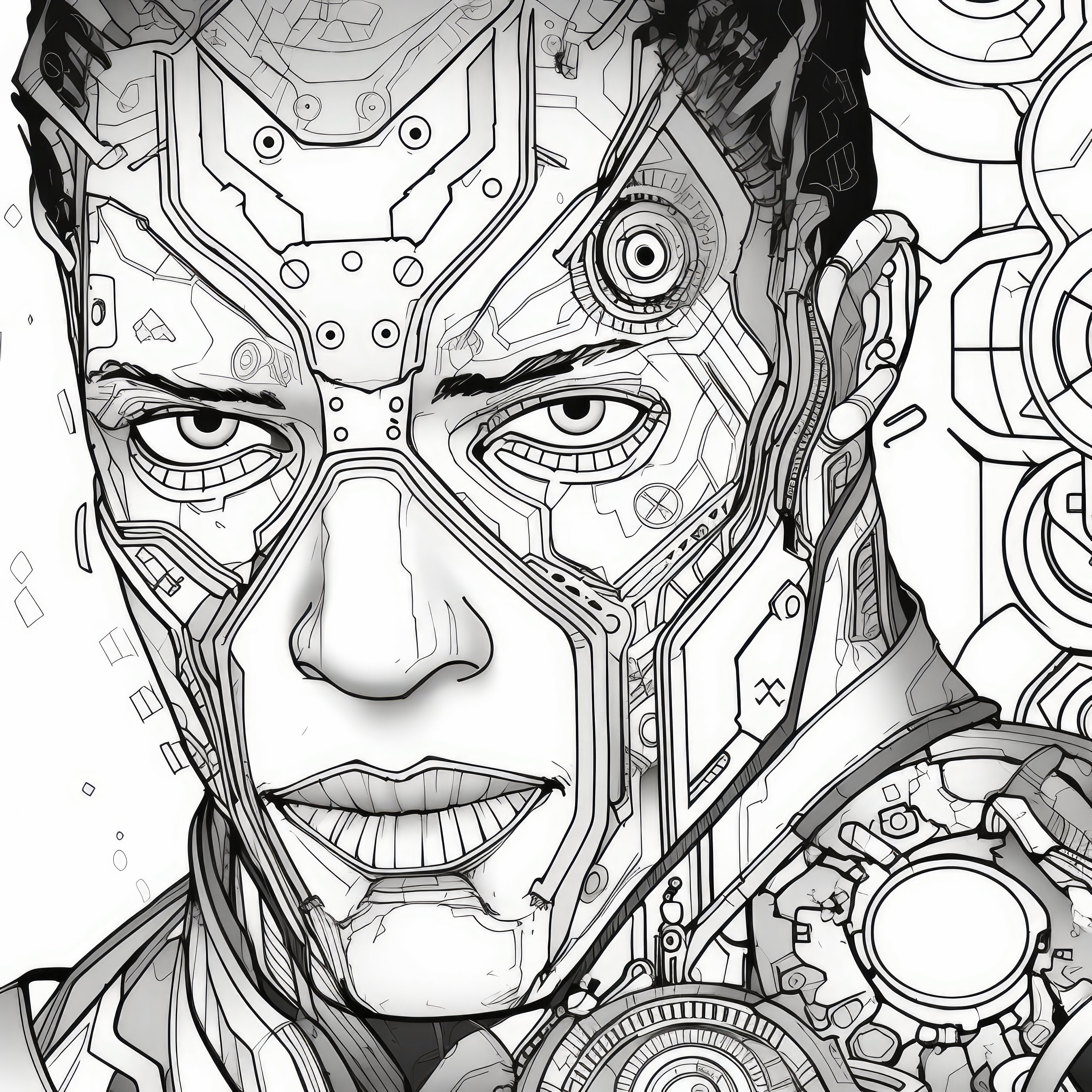 Cyborg portrait digital coloring book intricate line drawing art printable book for adults teens and children pages download now