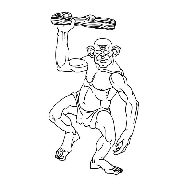 Aggressive oneeyed cyclops with a wooden club ancient greek mythological monster stock illustration