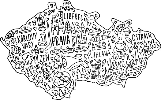 Hand drawn doodle czech republic map czech city names lettering and cartoon landmarks tourist attractions cliparts travel trip ic infographic poster banner concept design stock illustration