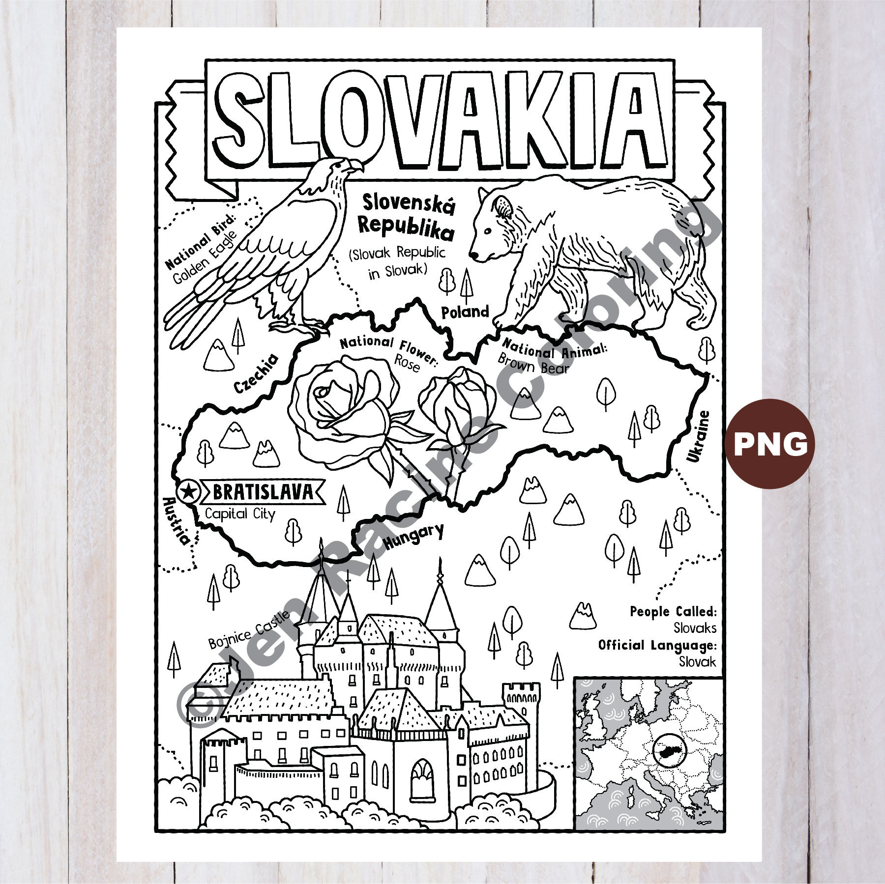 Slovakia coloring page geography of europe digital download coloring page