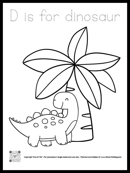 D is for dinosaur coloring page dotted font â the art kit