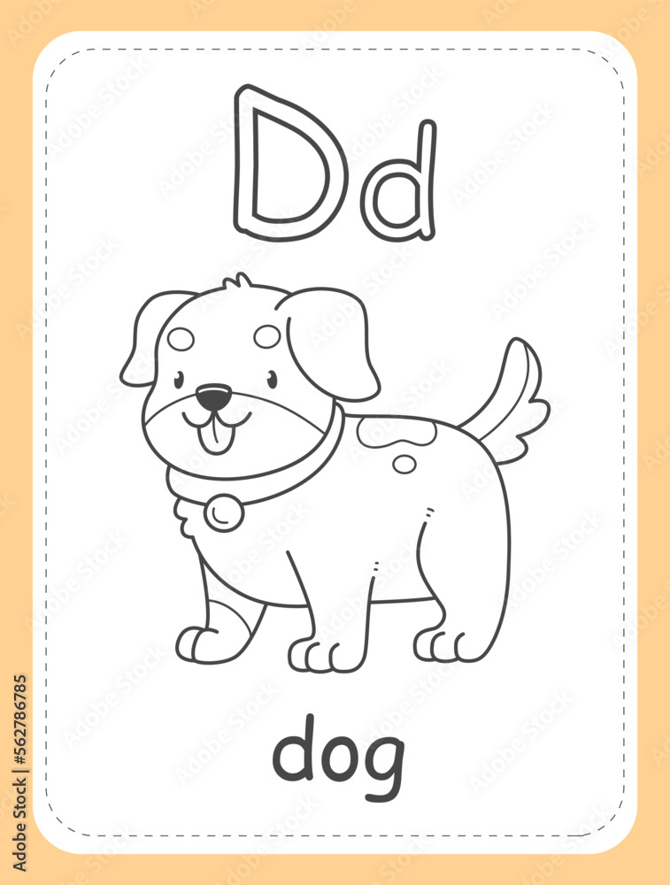 Alphabet coloring book card for children with the letter d and a dog educational card for kids the word dog the english alphabet vector illustration vector