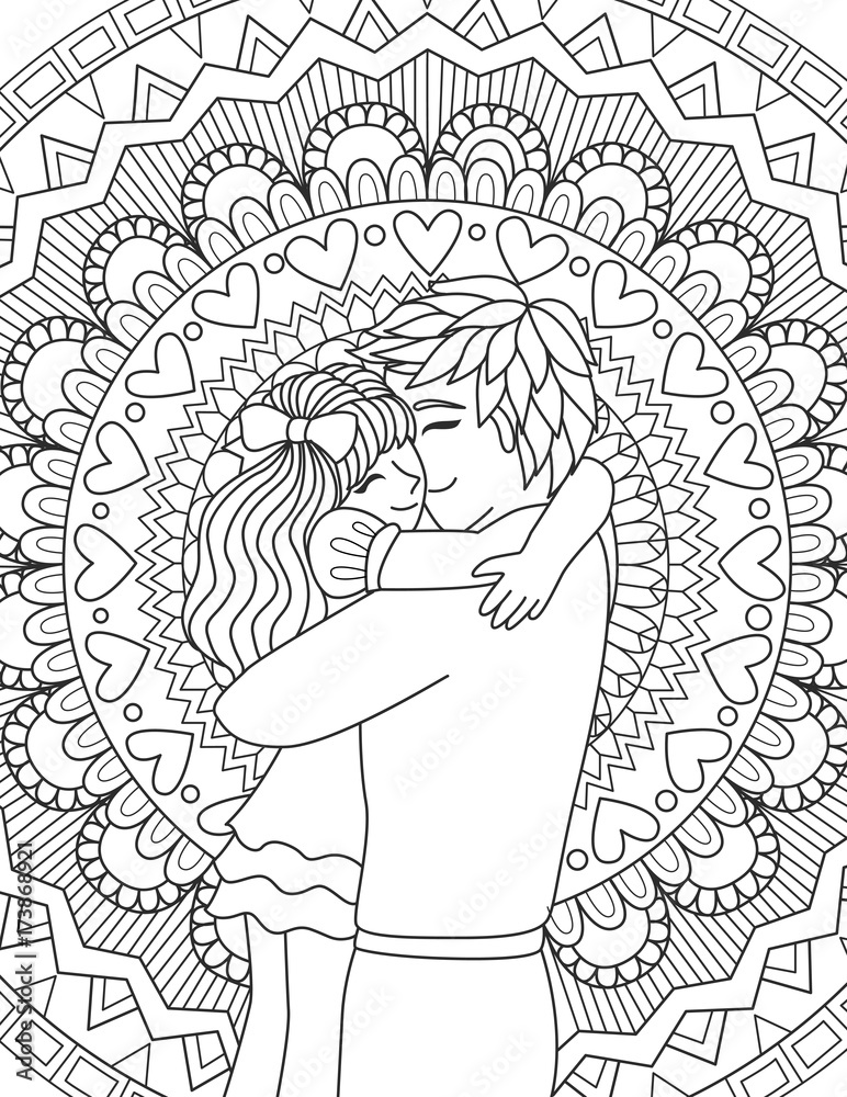 Father hug daughter for adult coloring book page vector illustration illustration