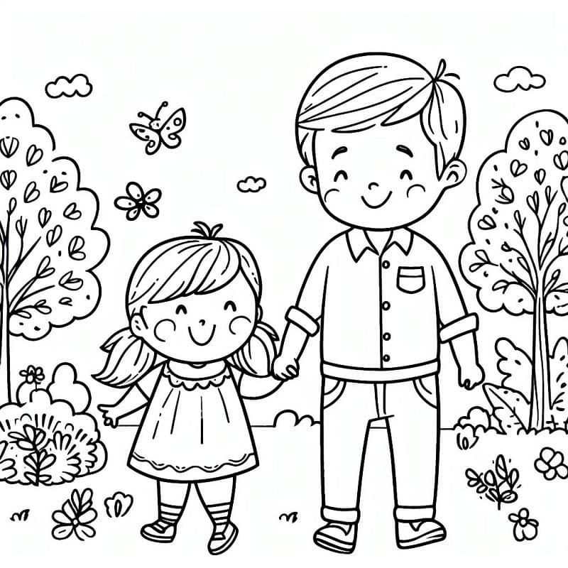 Little daughter and dad coloring page