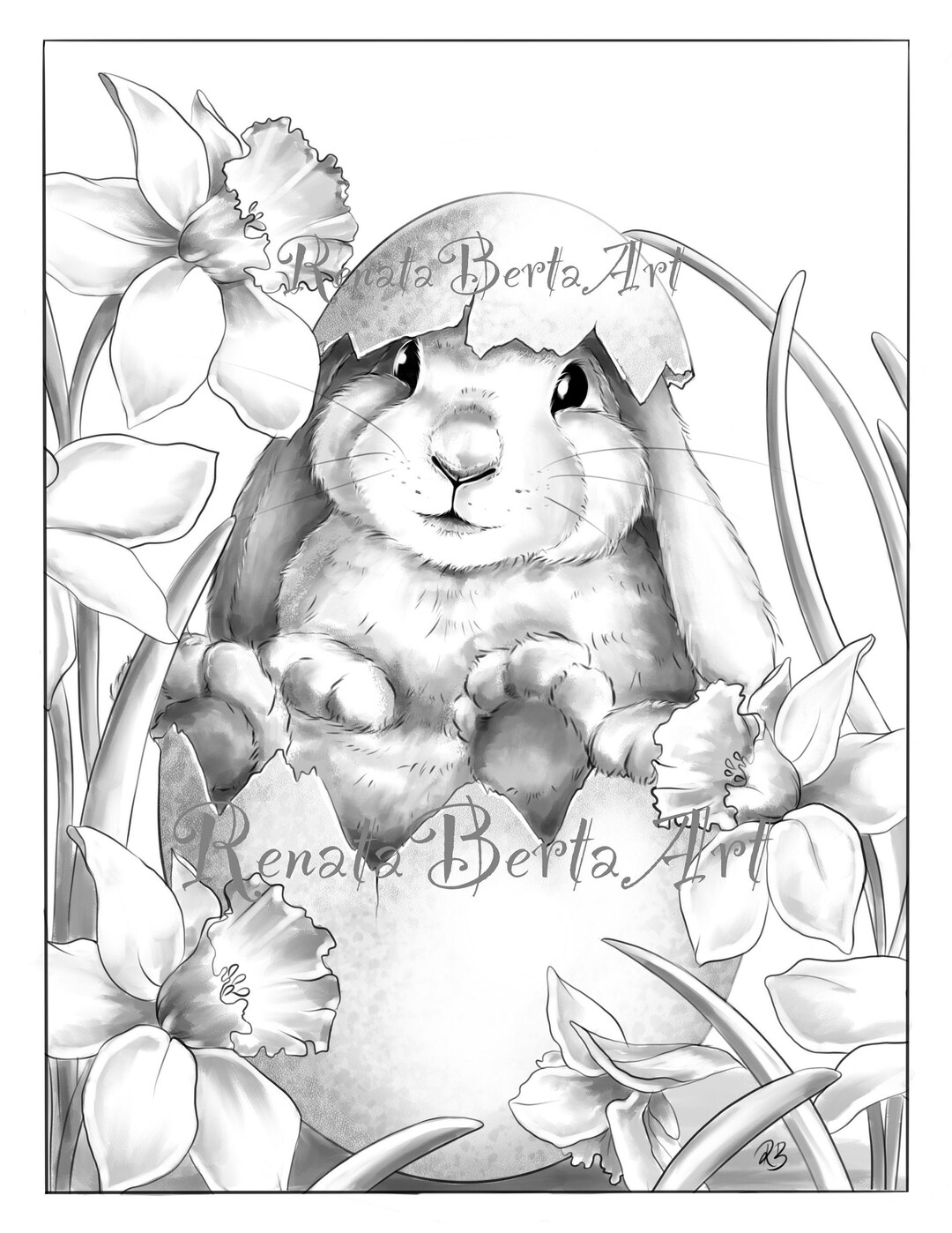 Premium grayscale coloring page instant download coloring page printable easter bunny spring daffodil