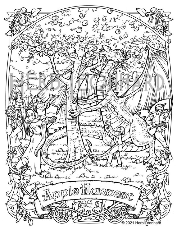 Lap dragon apple harvest adult coloring pages herb leonhard digital coloring pages instant pdf download printable color