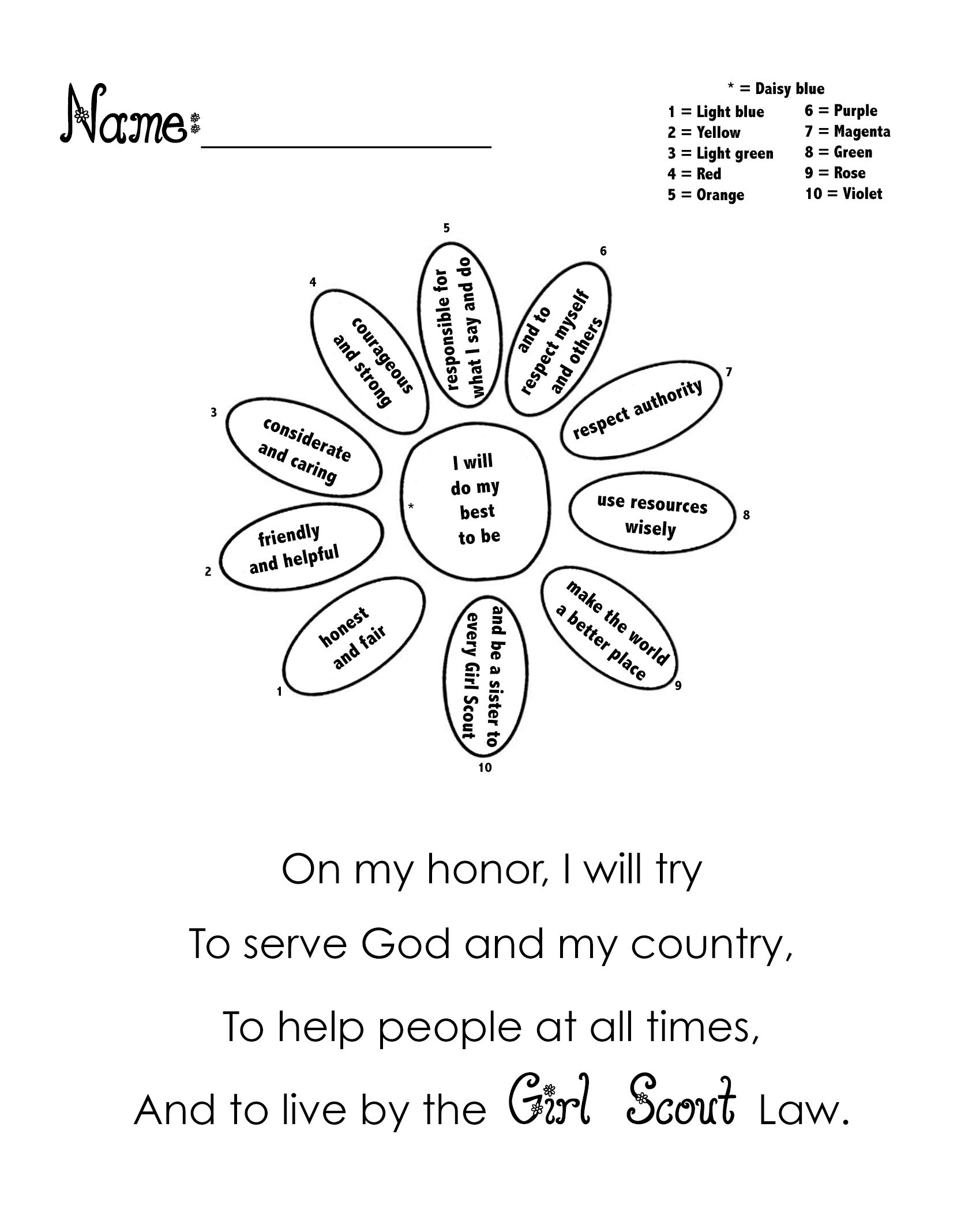 Daisy petals coloring page girl scout daisy activities girl scout activities girl scout law