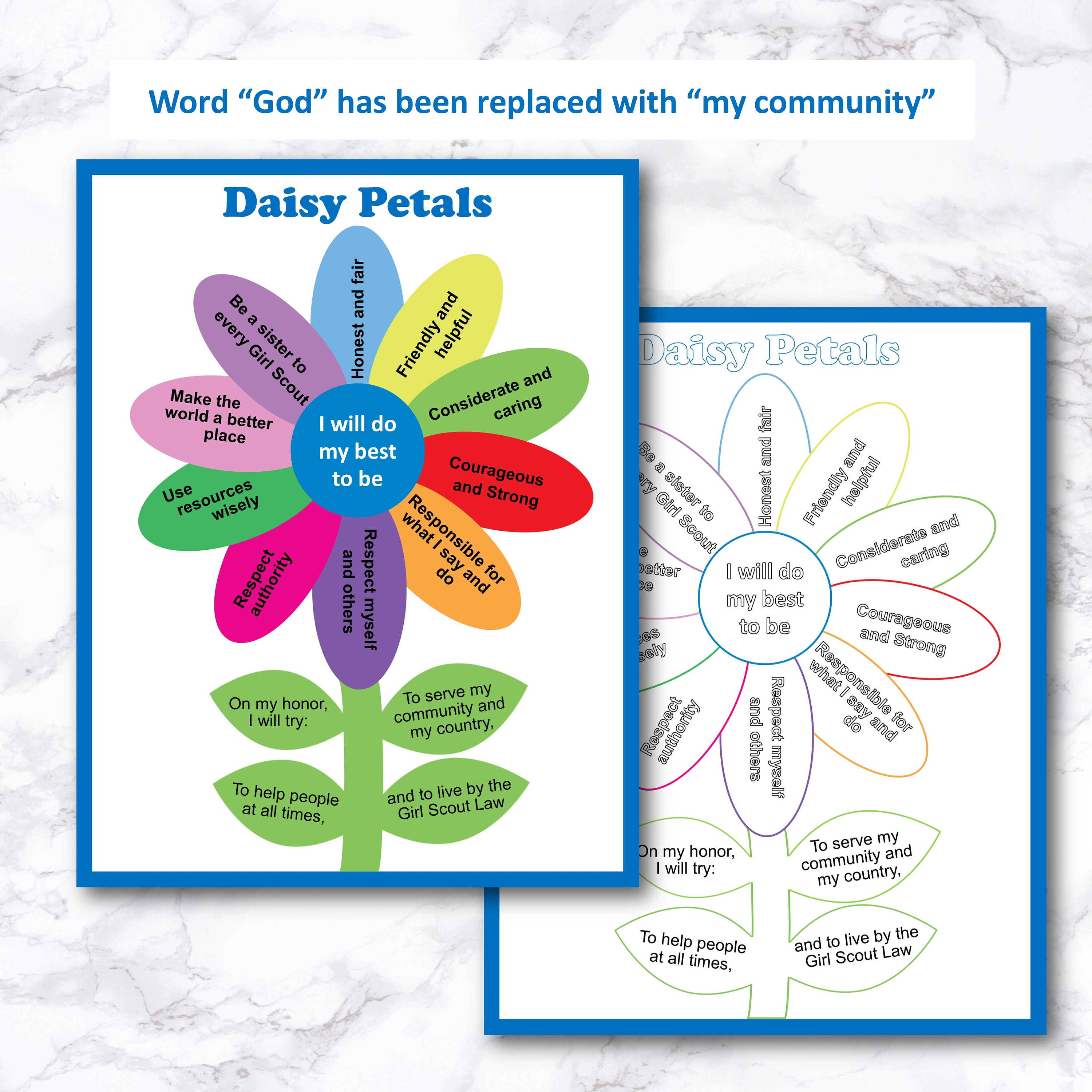 Girl scout daisy petals chart promise and law coloring pages daisy girl scout daisy petals troop handout activity letter size