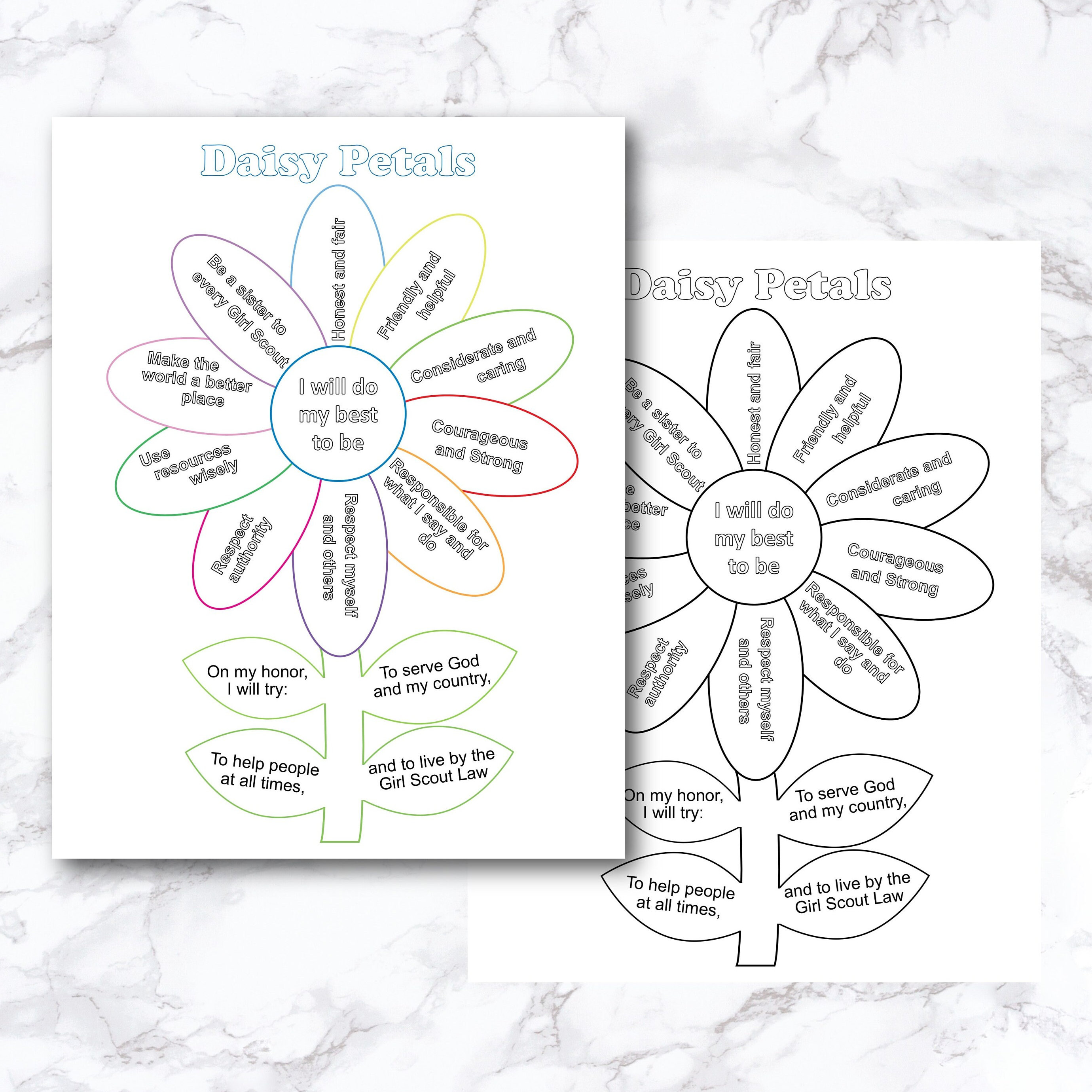 Girl scout daisy petals chart promise and law coloring pages daisy girl scout daisy petals troop handout activity letter size