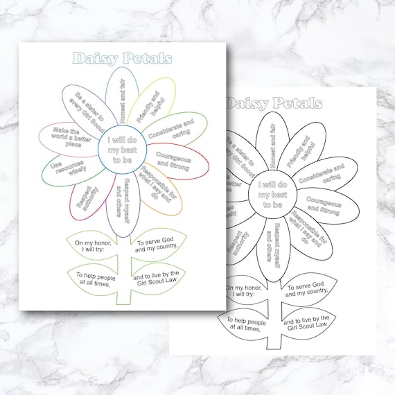 Girl scout daisy petals chart promise and law coloring pages daisy girl scout daisy petals troop handout activity letter size