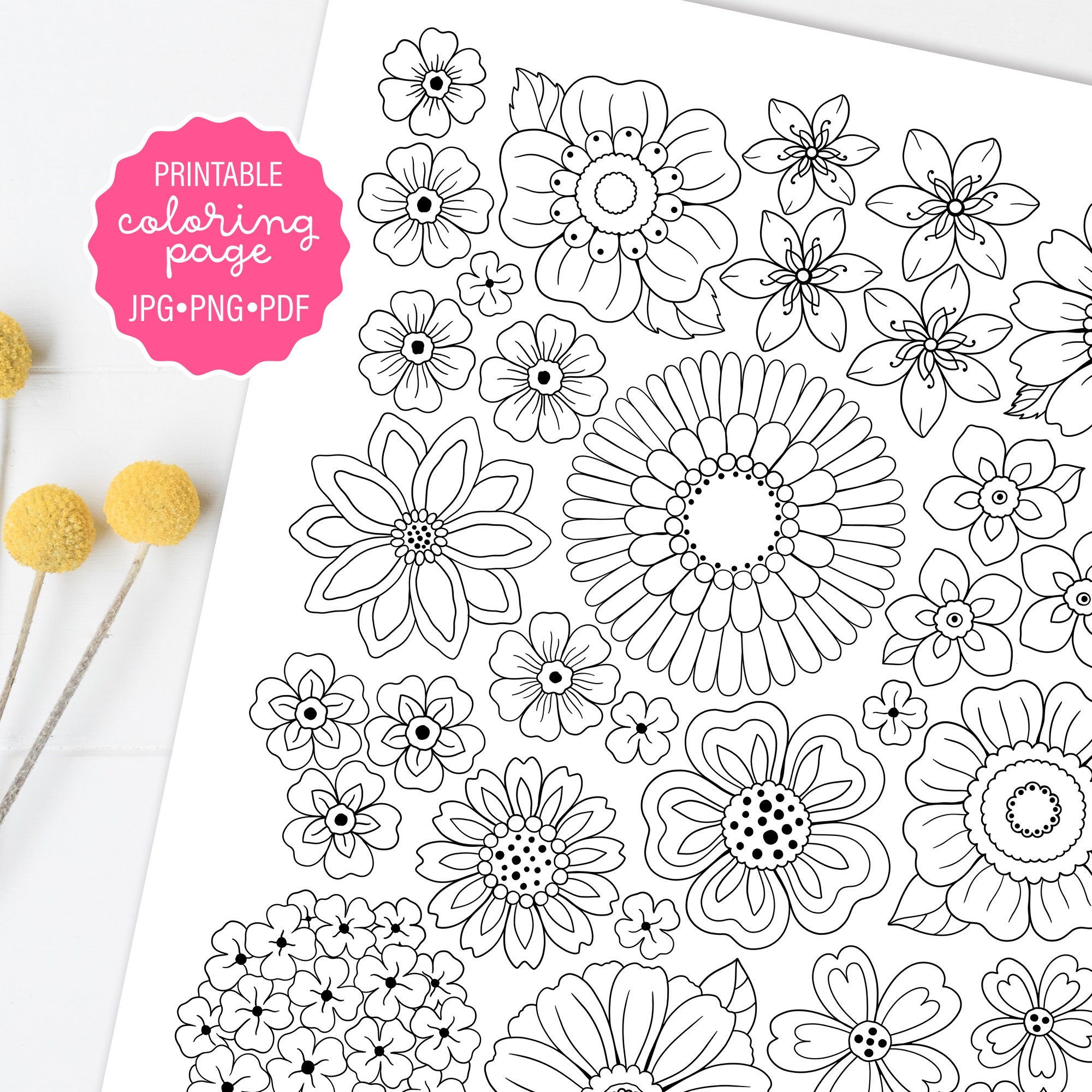 Flower coloring page floral pattern wildflowers coloring sheet floral coloring adult coloring flower power printable or digital