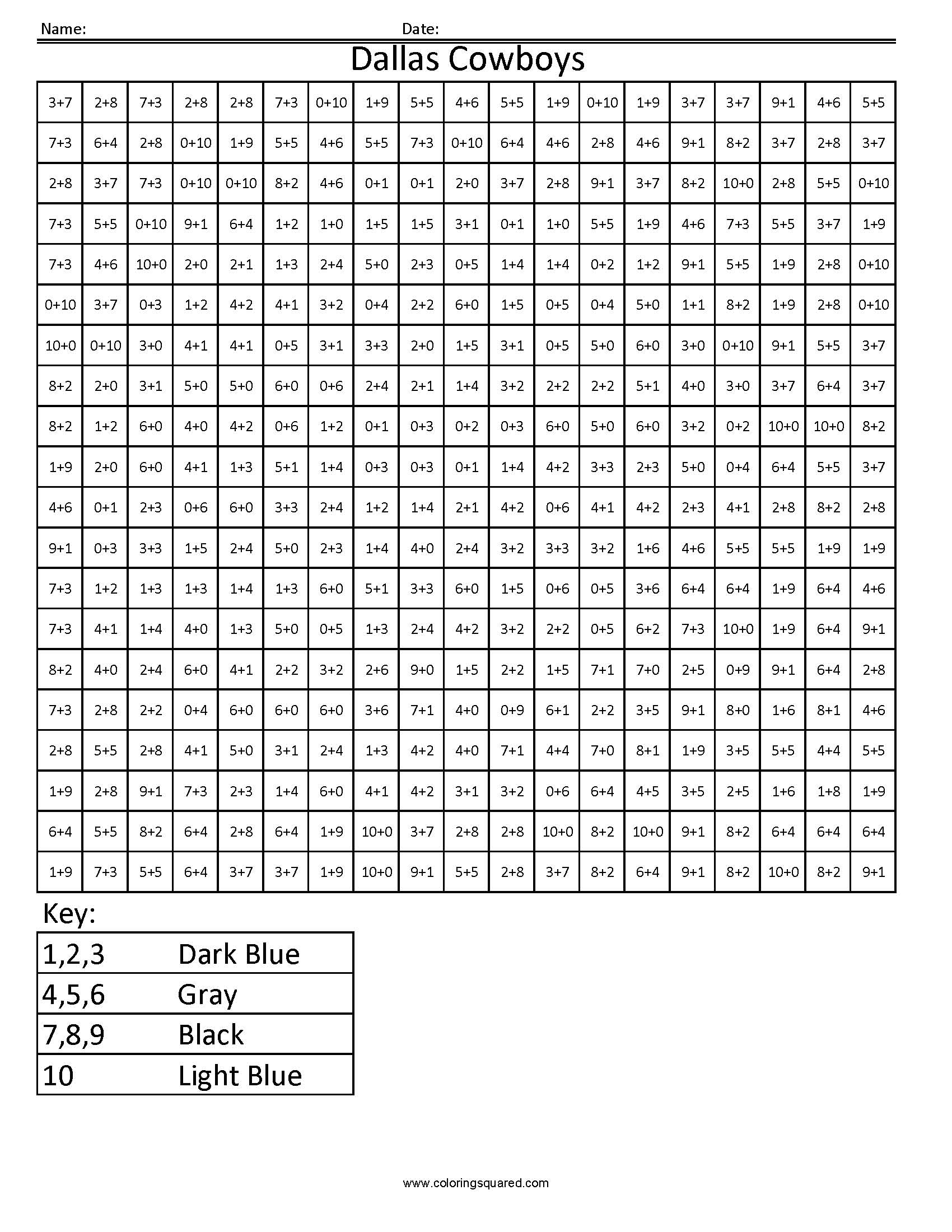 As dallas cowboys nfl nfc math coloring pages