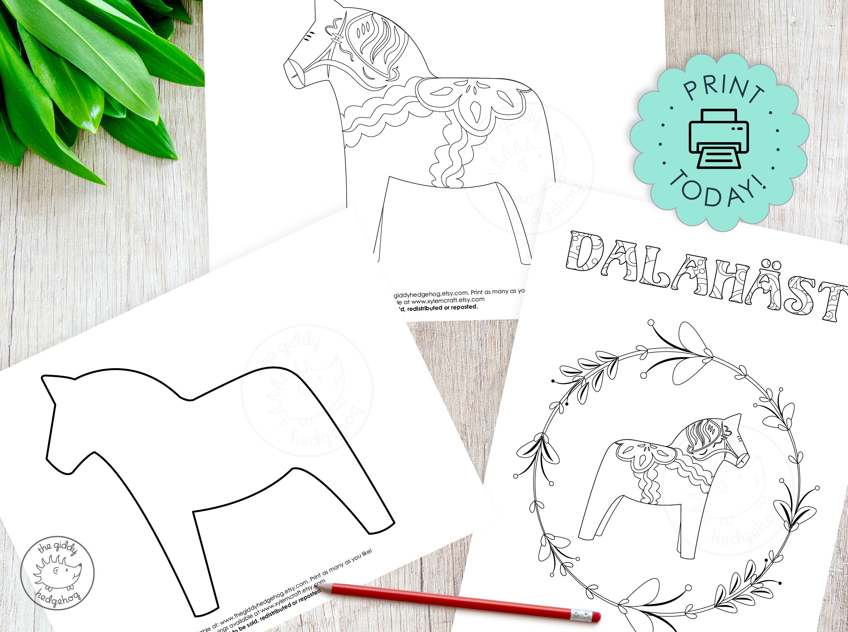 Diy printable dala horse coloring book page craft illustration swedish kids black white dalahorse pattern instant download printables download now