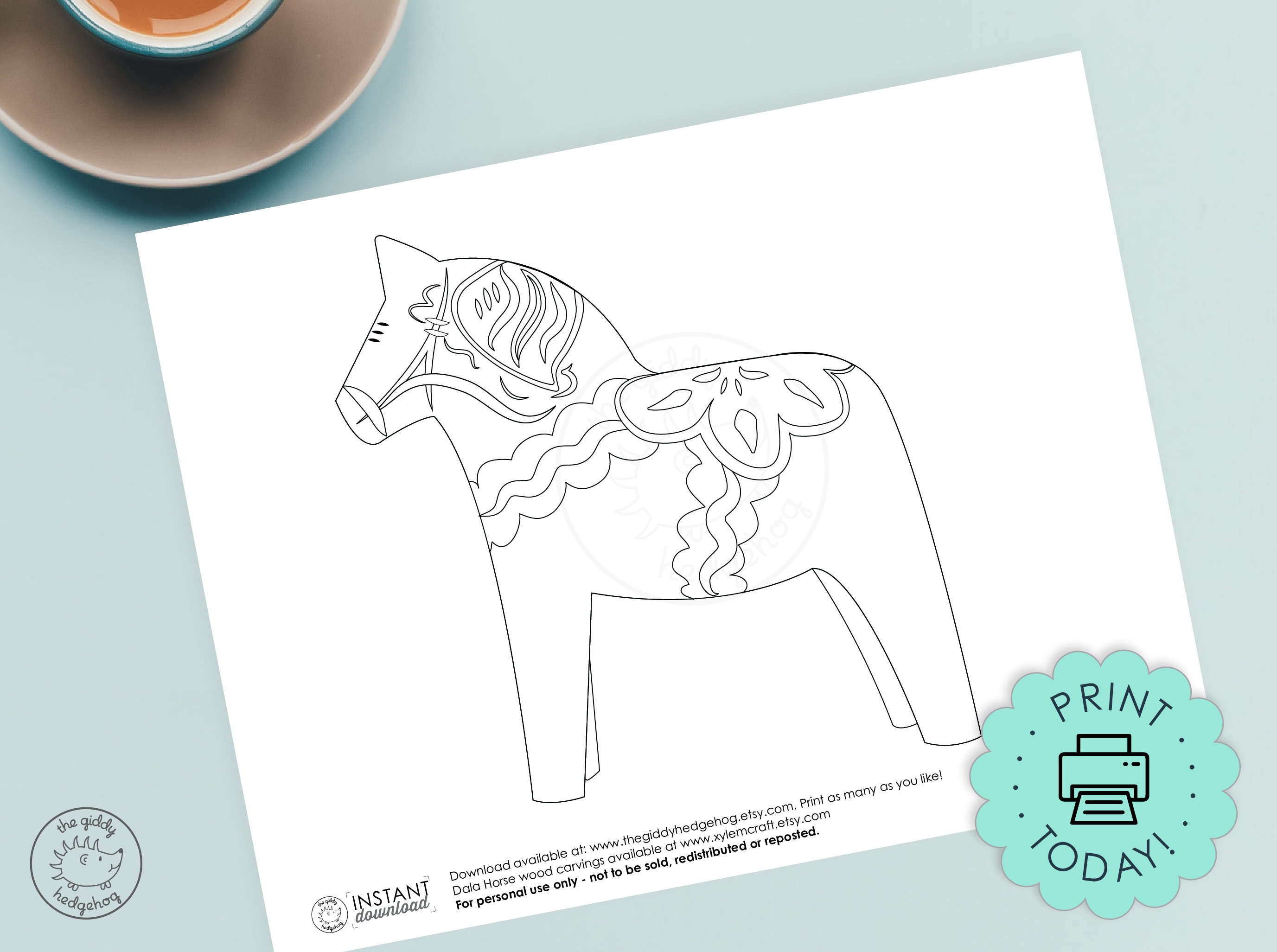 Diy printable dala horse coloring book page craft illustration swedish kids black white dalahorse pattern instant download printables download now