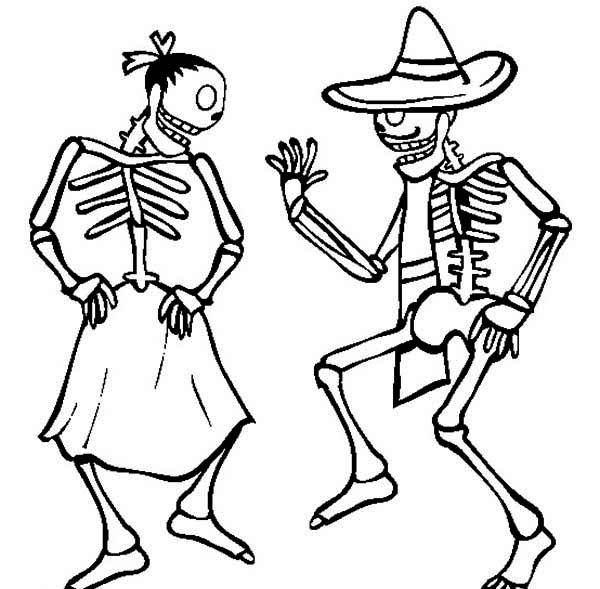 Couple skeleton dancing coloring page