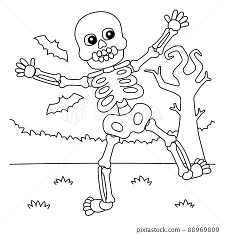 Dancing skeleton halloween coloring page for kids