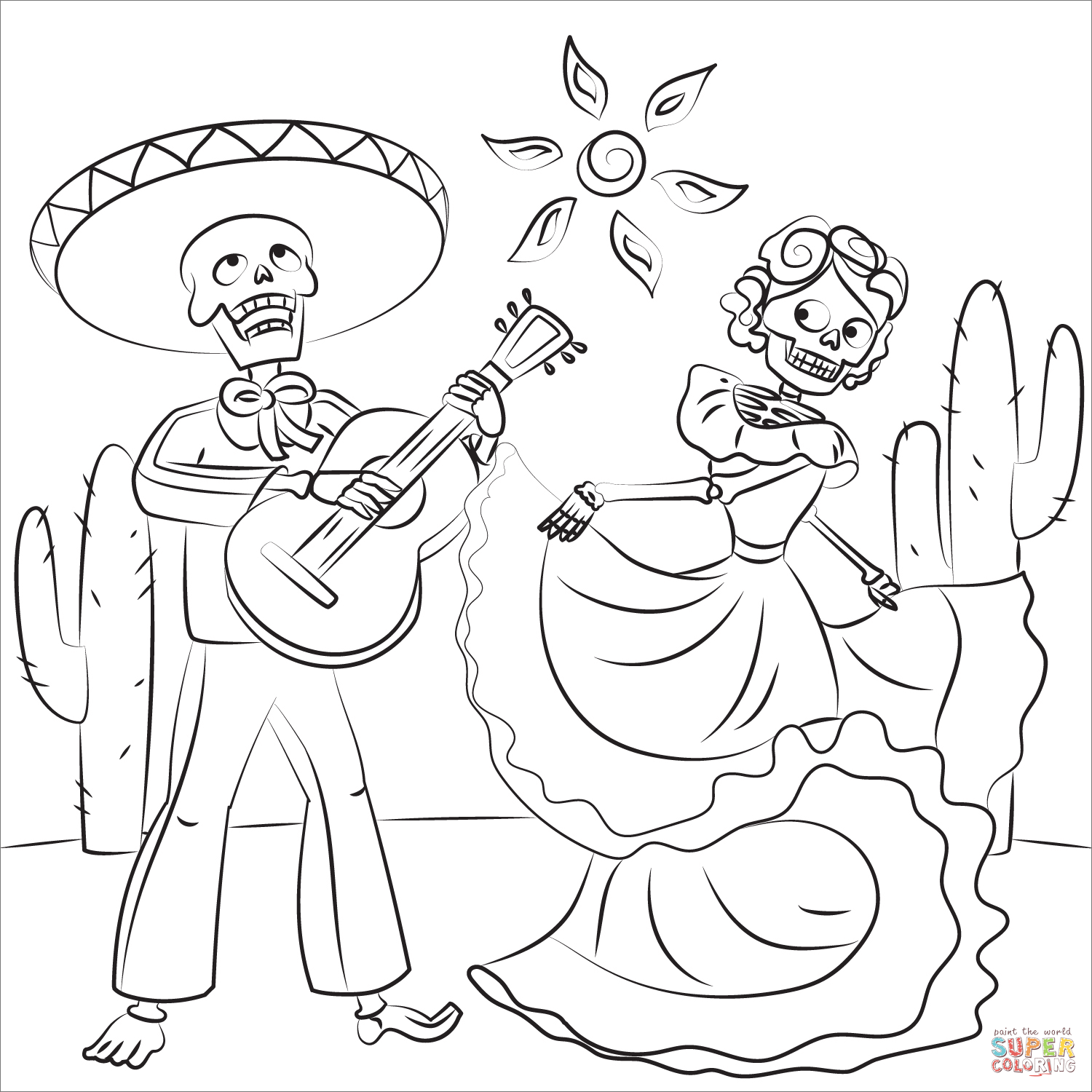 Dia de los muertos with skeleton playing guitar and skeleton woman dancing coloring page free printable coloring pages