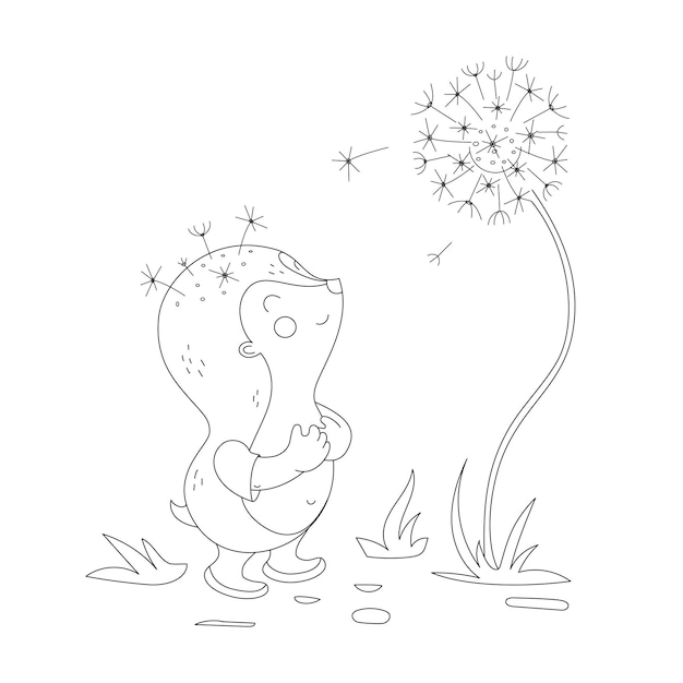 Premium vector hedgehog and dandelion coloring book the contour is editable