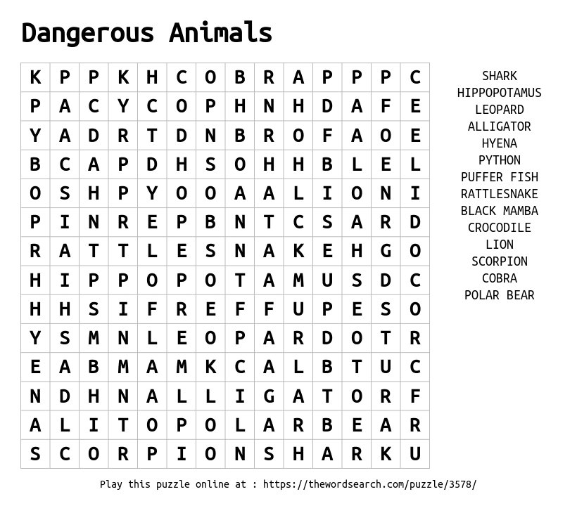 Download word search on dangerous animals