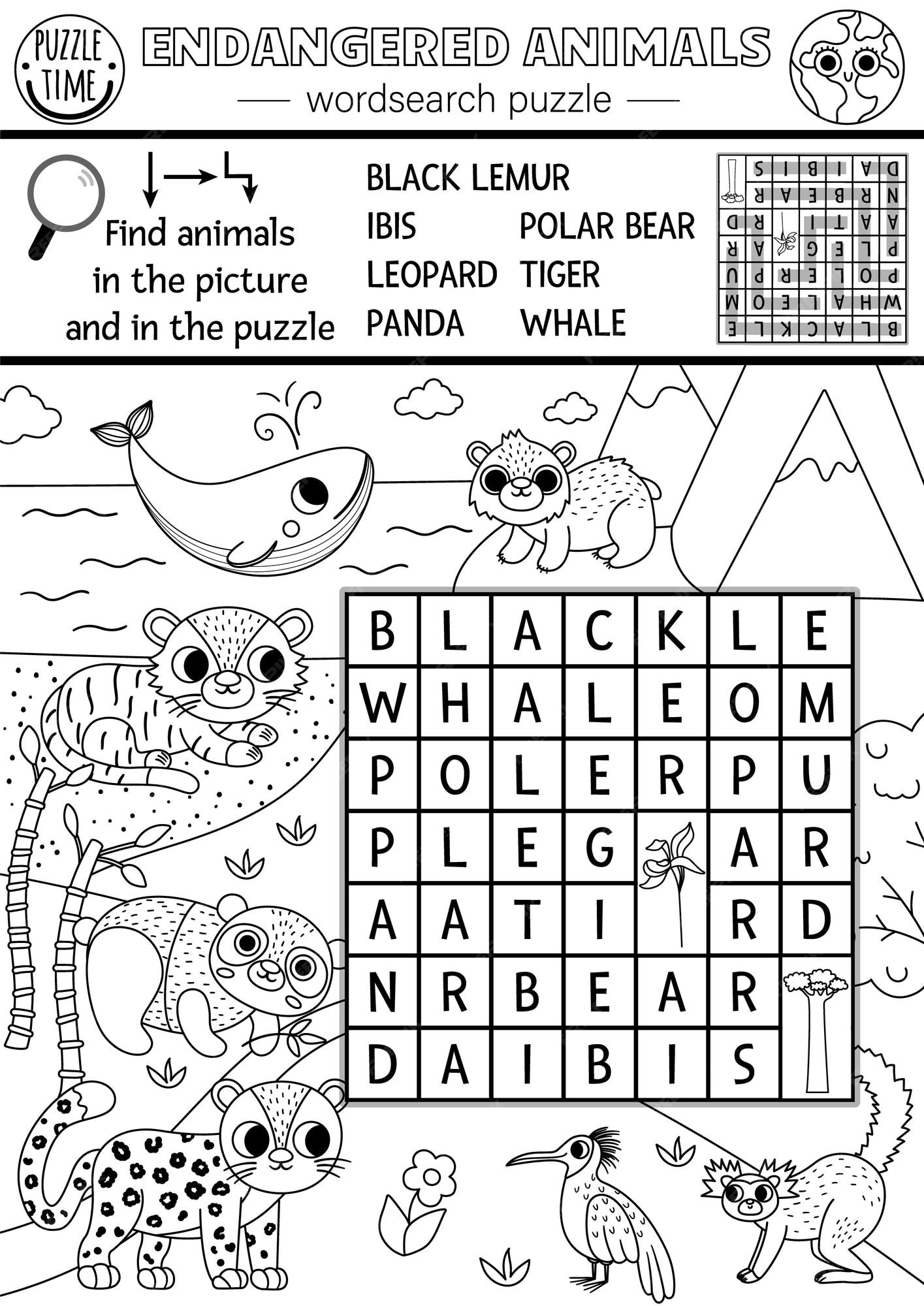 Premium vector vector ecological wordsearch puzzle for kids with endangered species black and white earth day word search line quiz with extinct animals in the wild eco awareness educational activity coloring