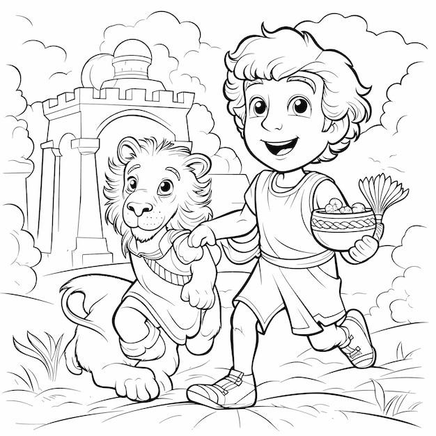 Premium vector vector kids cute coloring cartoon page bible story daniel in the lions den in simple lines