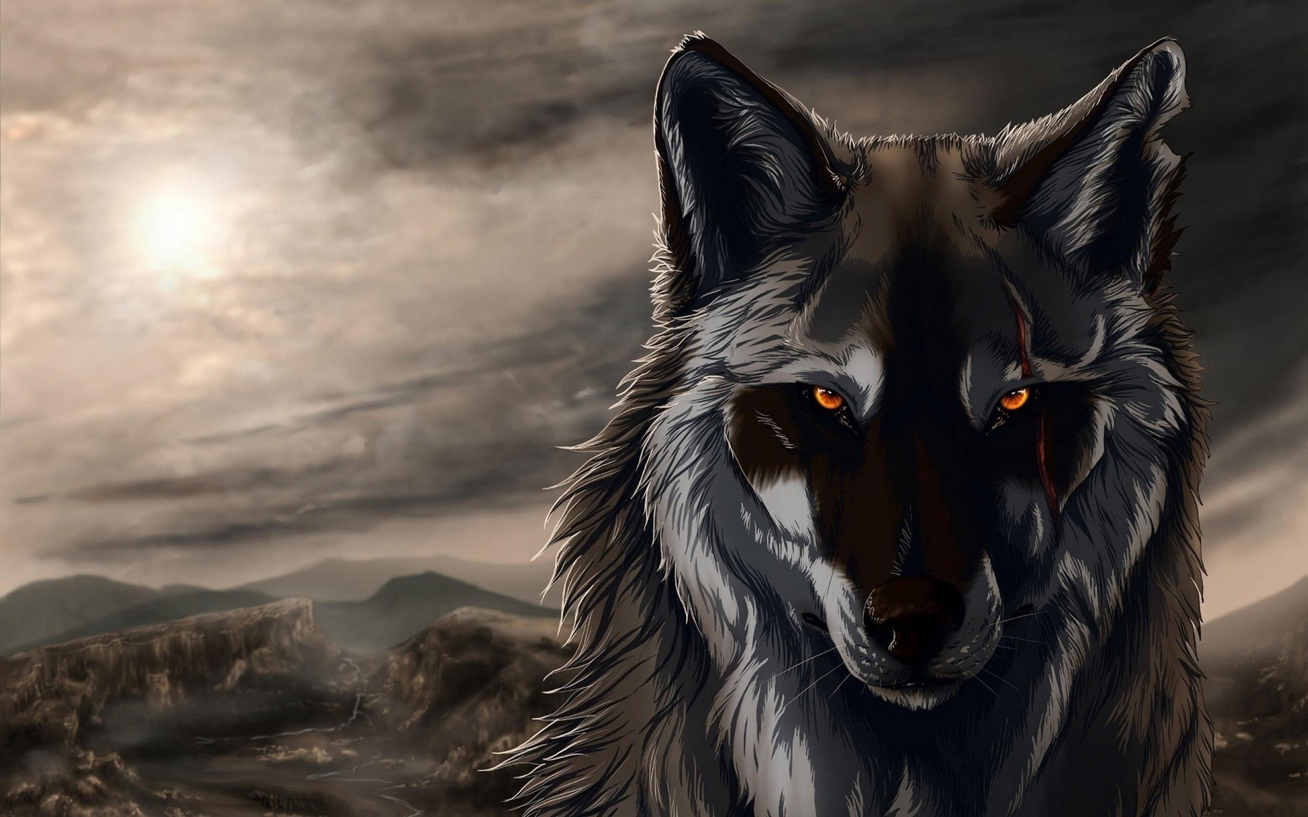 Brown and white wolf illustration wallpaper