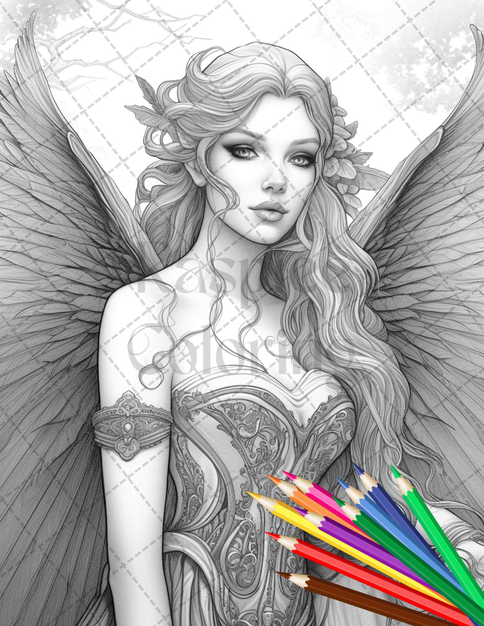 Beautiful dark fairy grayscale coloring pages printable for adults pd â coloring