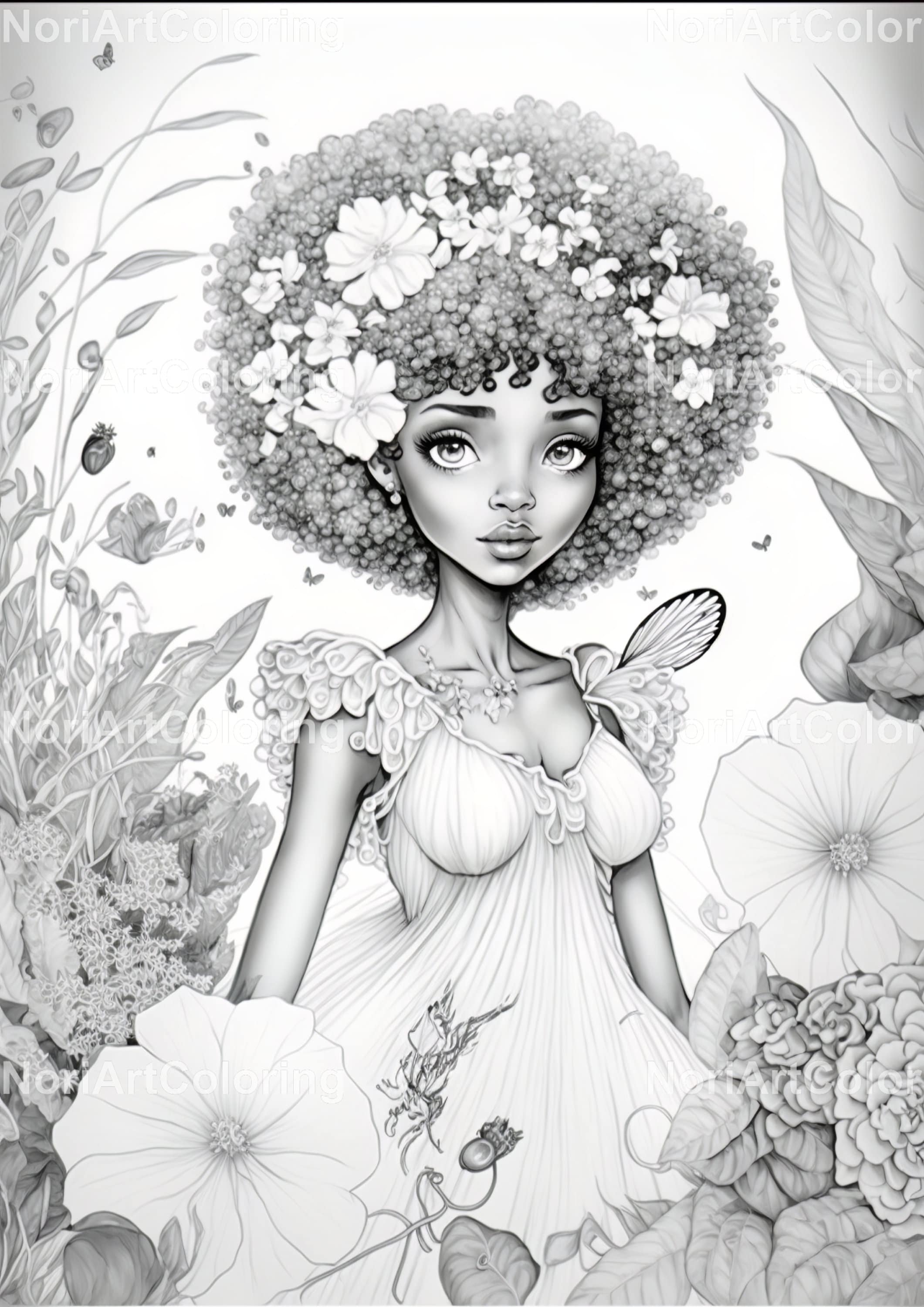 Beautiful afro fairies coloring pages vol black women printable adult coloring book download grayscale illustration black women