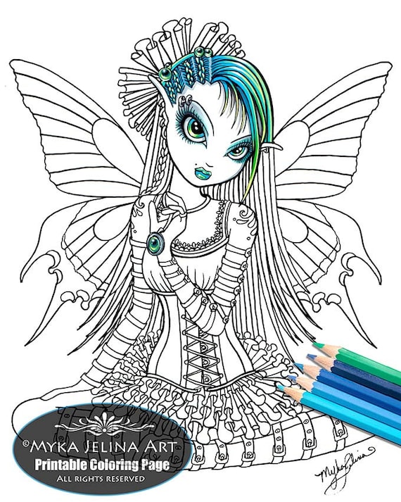 Katy butterfly cute gothic fairy digital download coloring page line art myka jelina art