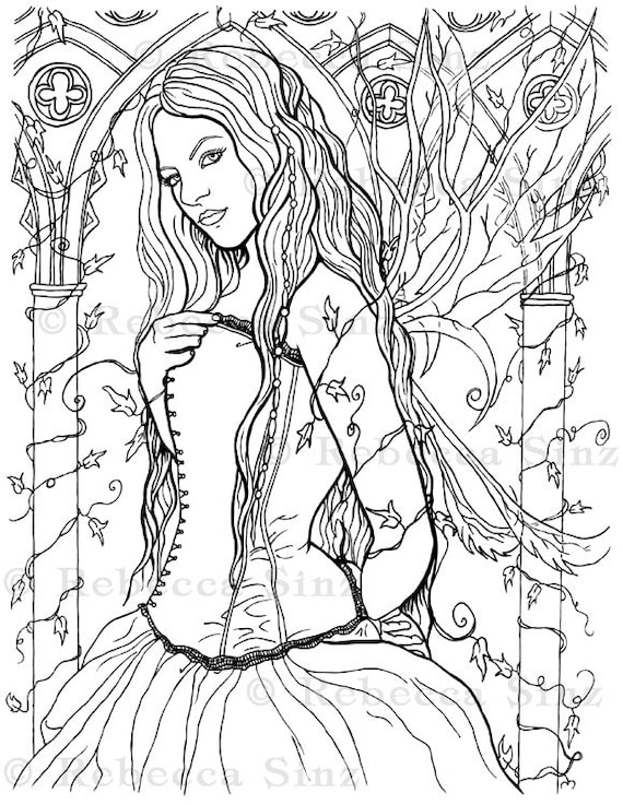 Coloring page printable gothic fairy beautiful woman corset dress fantasy art adult coloring instant digital download line art printable