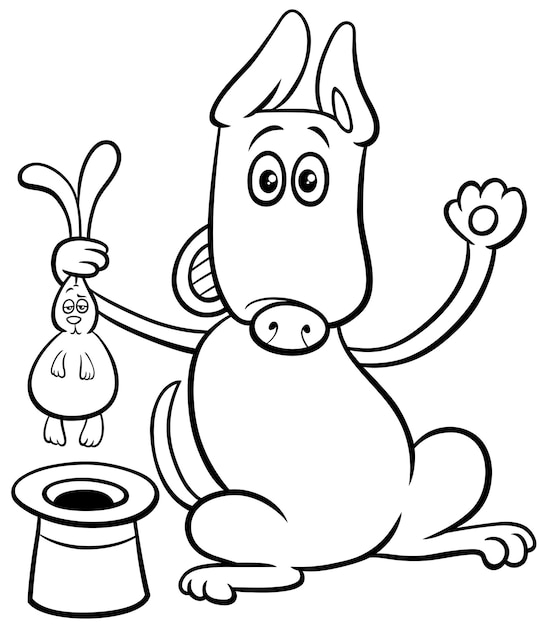 Premium vector cartoon magician dog pulling rabbit out of a hat coloring page