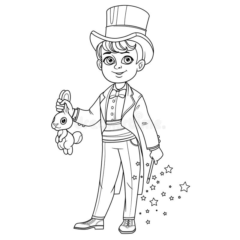 Cute boy in magician costume with a hare and magic wand outlined for coloring page stock vector