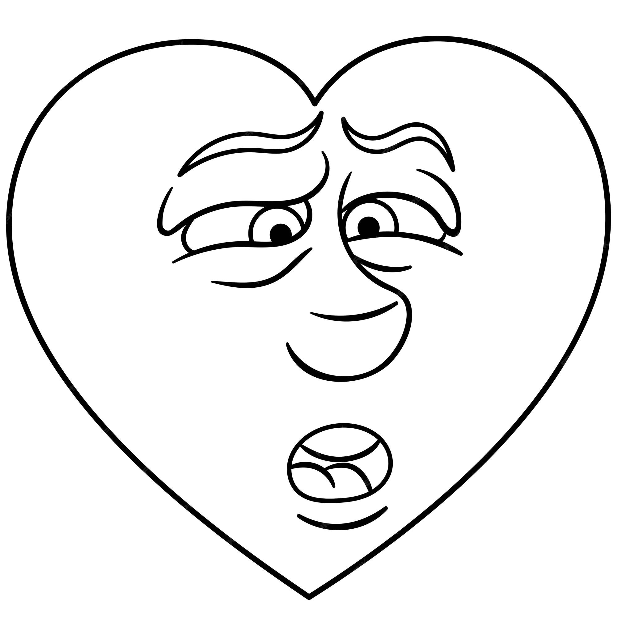 Premium vector cute cartoon heart with sad disgusted emoji face kids coloring page