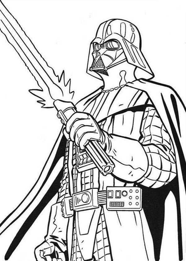 The terrifying darth vader with light saber in star wars coloring page
