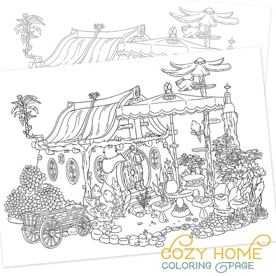 Cozy home coloring page garden cute adult coloring page doodle digital download pdf printable plants brids flowers digi stamp by jen katz